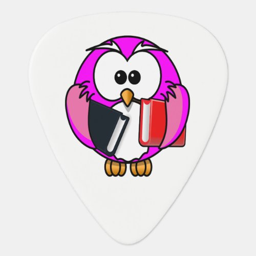 Pink and white owl holding some school books guitar pick