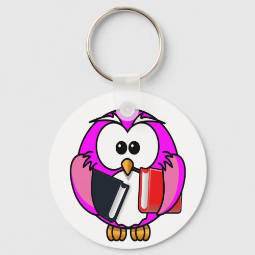 Pink and white owl holding some school books keychain