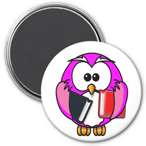 Pink and white owl holding some school books magnet