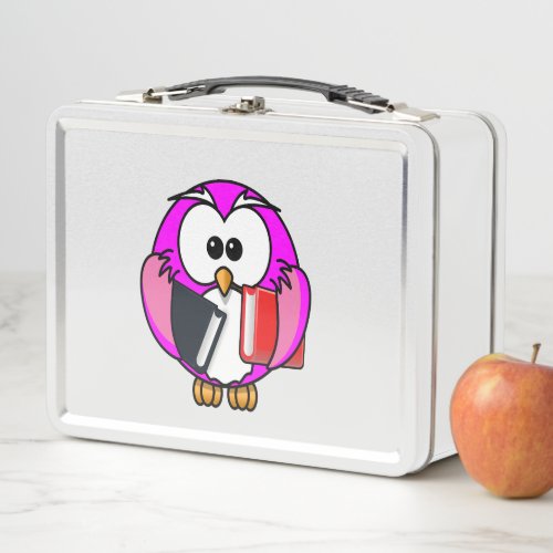 Pink and white owl holding some school books metal lunch box