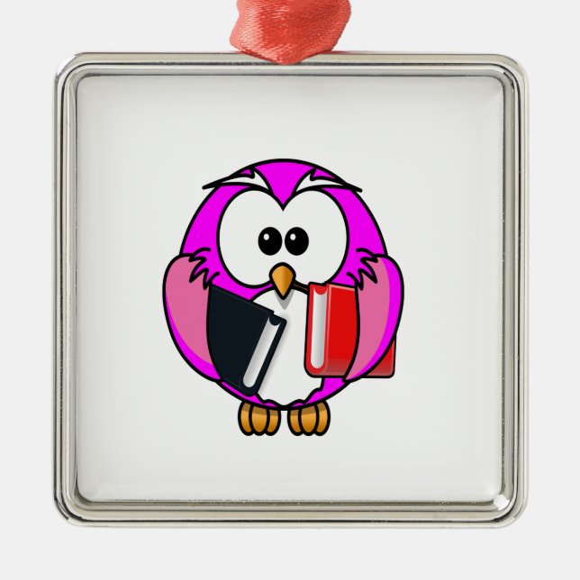 Pink and white owl holding some school books metal ornament (Front)