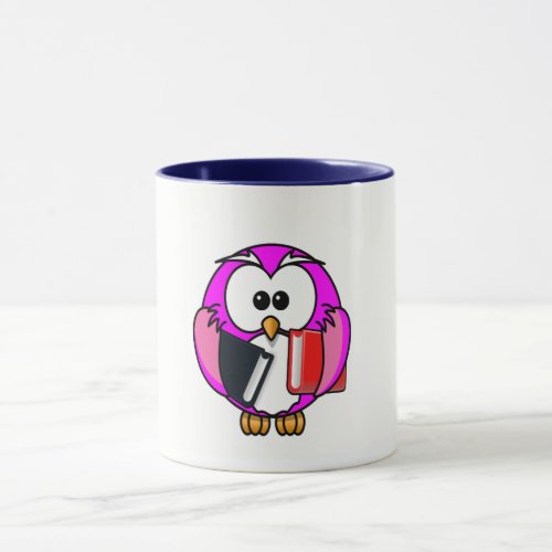 Pink and white owl holding some school books mug