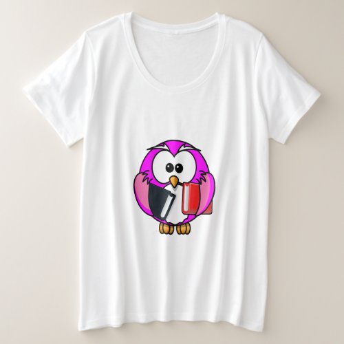 Pink and white owl holding some school books plus size T_Shirt