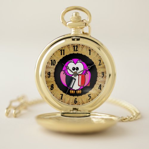 Pink and white owl holding some school books pocket watch