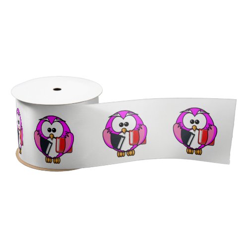 Pink and white owl holding some school books satin ribbon