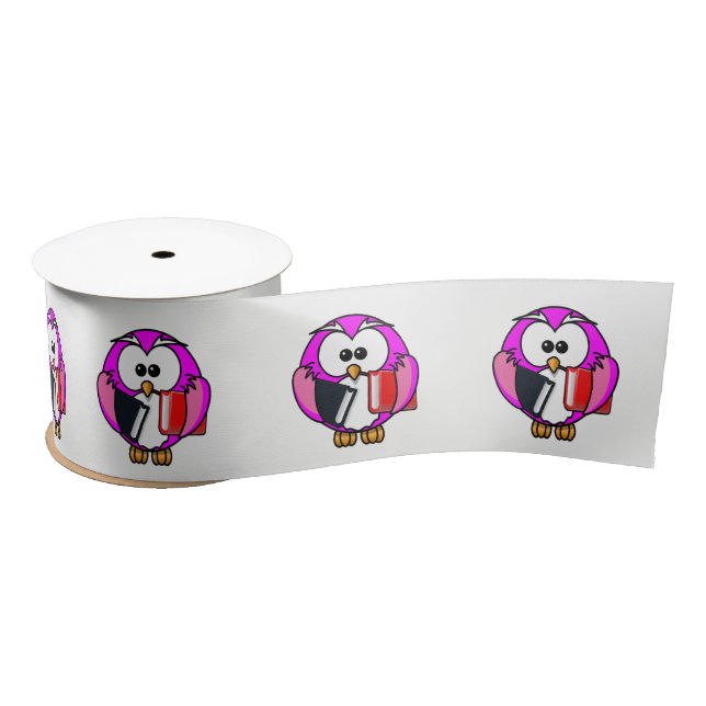 Pink and white owl holding some school books satin ribbon (Spool)
