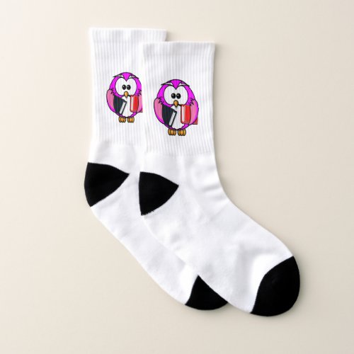 Pink and white owl holding some school books socks
