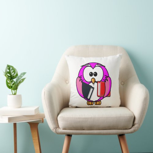 Pink and white owl holding some school books throw pillow