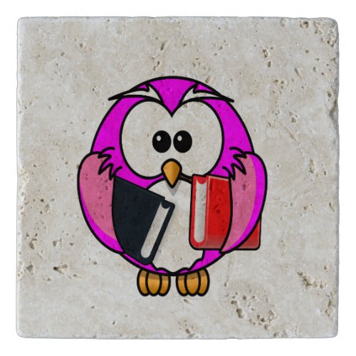 Pink and white owl holding some school books trivet