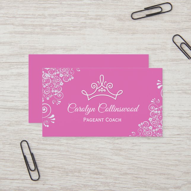 Pink and White Pageant Coach Business Card (Front/Back In Situ)