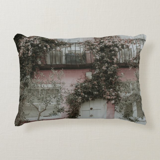 PINK AND WHITE PAINTED HOUSE COVERED WITH PLANTS A ACCENT PILLOW (Front)