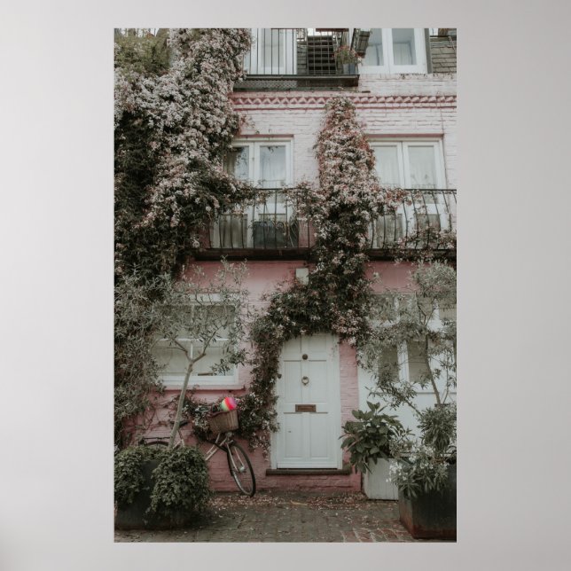 PINK AND WHITE PAINTED HOUSE COVERED WITH PLANTS A POSTER (Front)