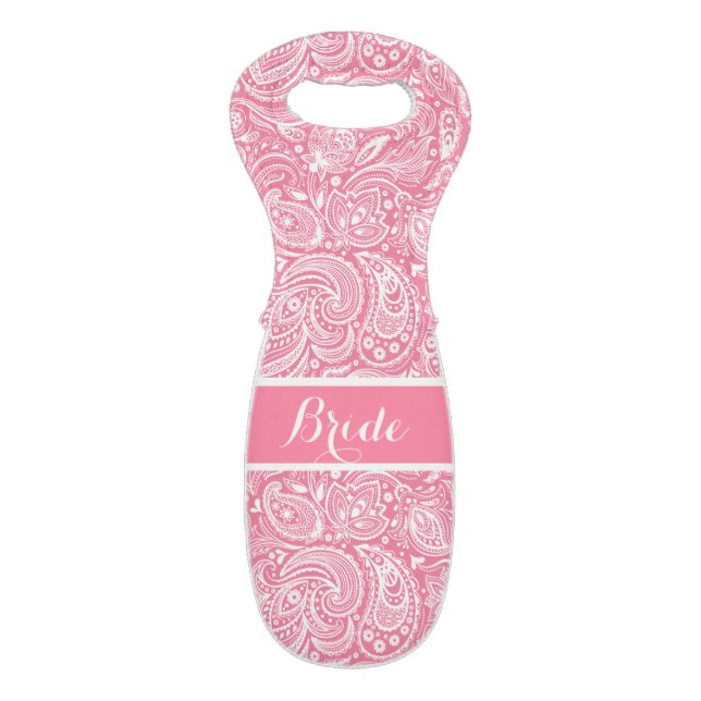 Pink And White Paisley Bride Wine Bag (Front Flat)