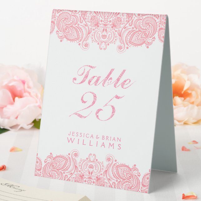Pink & and white paisley lace table tent (In SItu (Wedding))