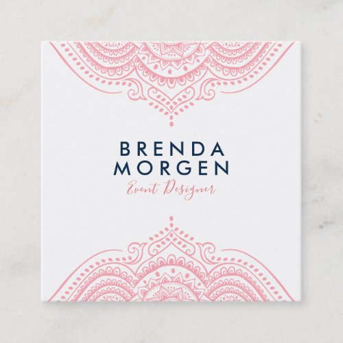 Pink and white paisley mandala square business card