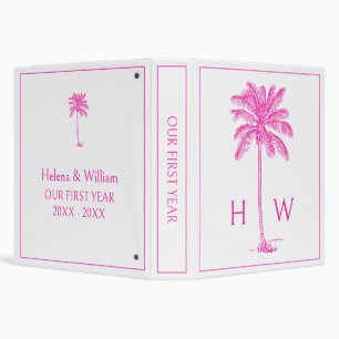Pink and White Palm Palmetto Tree Monogram 3 Ring Binder