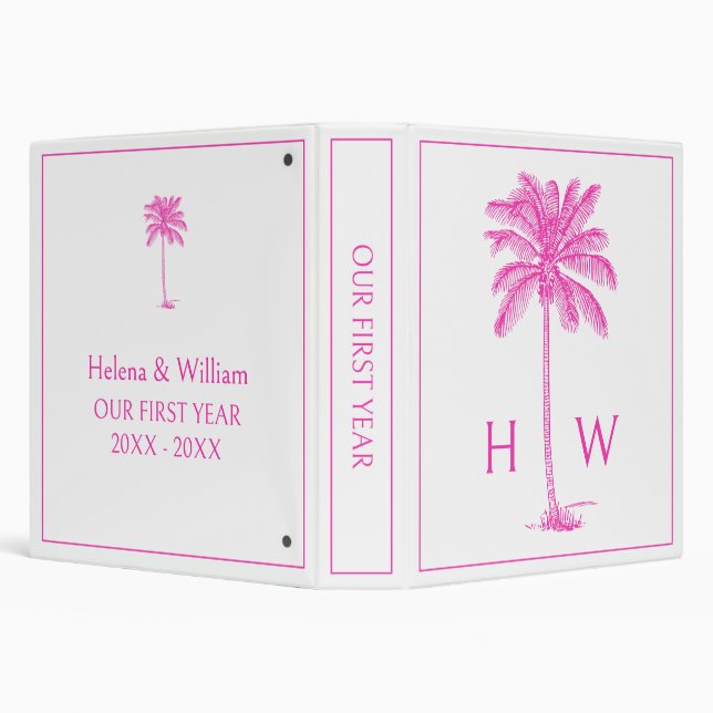 Pink and White Palm Palmetto Tree Monogram 3 Ring Binder (Background)