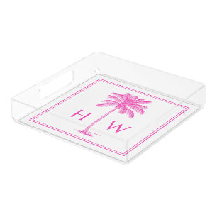 Pink and White Palm Palmetto Tree Monogram Acrylic Tray