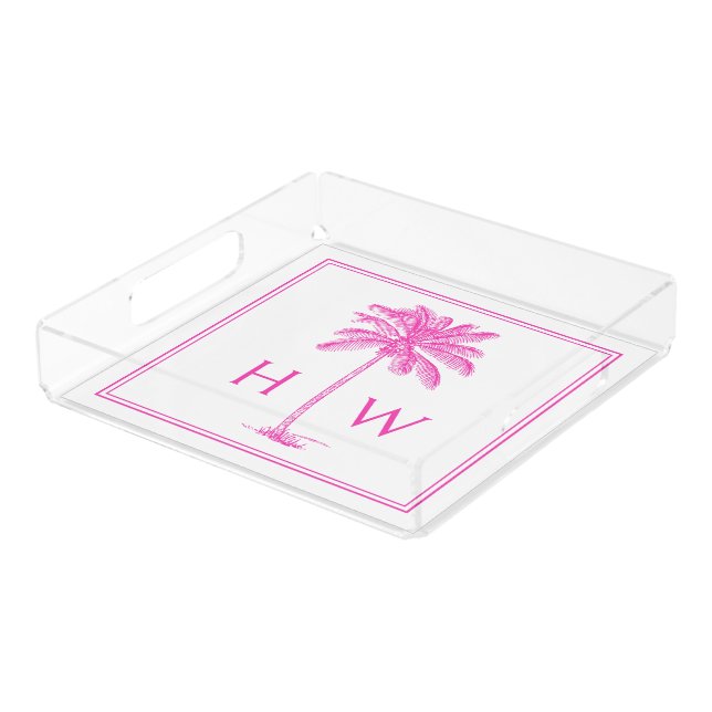 Pink and White Palm Palmetto Tree Monogram Acrylic Tray (Angled)