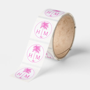 Pink and White Palm Palmetto Tree Monogram Classic Round Sticker