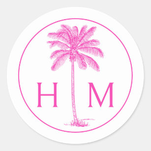 Pink and White Palm Palmetto Tree Monogram Classic Round Sticker