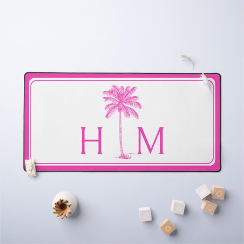 Pink and White Palm Palmetto Tree Monogram Desk Mat