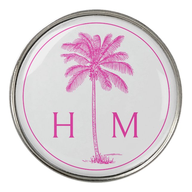 Pink and White Palm Palmetto Tree Monogram Golf Ball Marker (Front)