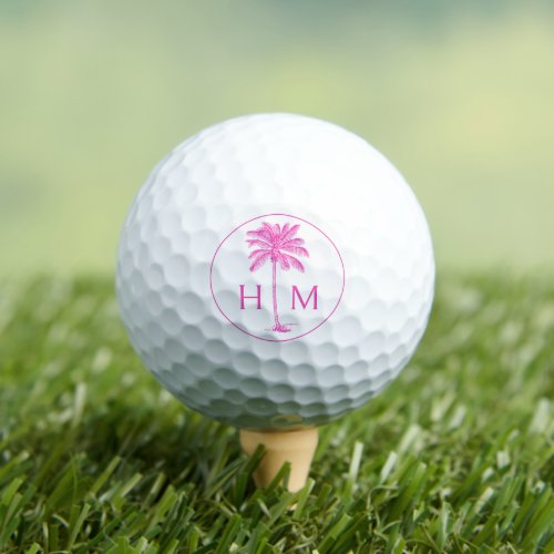 Pink and White Palm Palmetto Tree Monogram Golf Balls