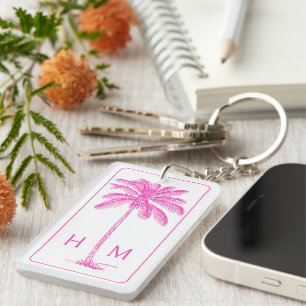 Pink and White Palm Palmetto Tree Monogram Keychain