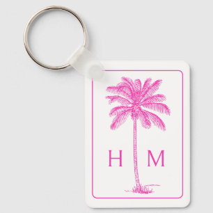Pink and White Palm Palmetto Tree Monogram Keychain