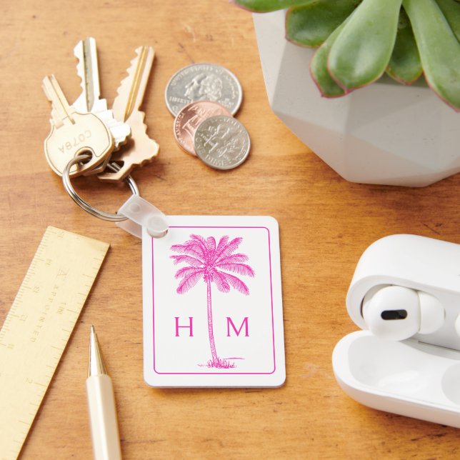 Pink and White Palm Palmetto Tree Monogram Keychain (Desk)