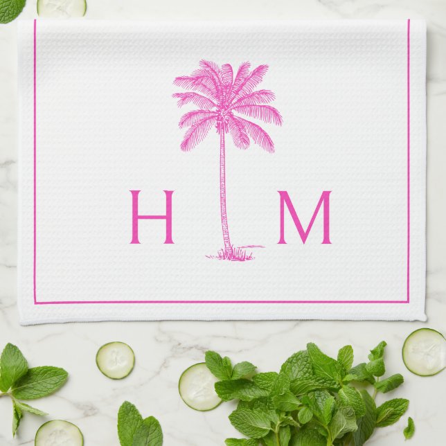 PInk and White Palm Palmetto Tree Monogram Kitchen Towel (Folded)