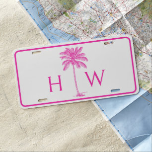 Pink and White Palm Palmetto Tree Monogram License Plate