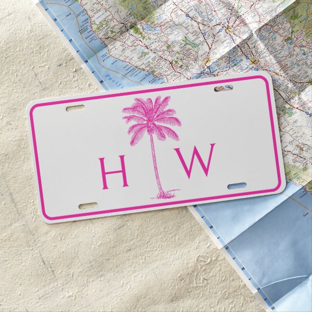 Pink and White Palm Palmetto Tree Monogram License Plate (In Situ)