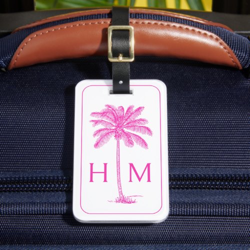 Pink and White Palm Palmetto Tree Monogram Luggage Tag