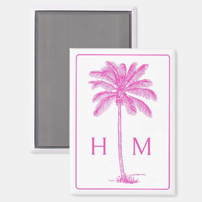 Pink and White Palm Palmetto Tree Monogram Magnet (Front/Back)