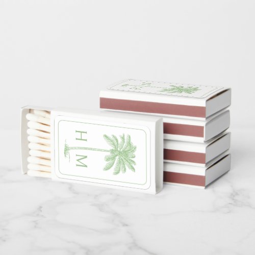 Pink and White Palm Palmetto Tree Monogram Matchboxes