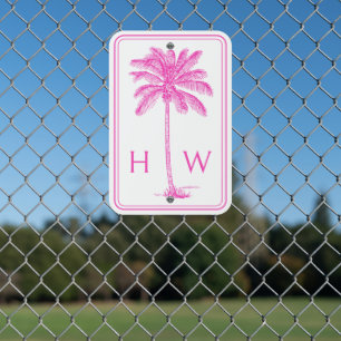 Pink and White Palm Palmetto Tree Monogram Metal Sign