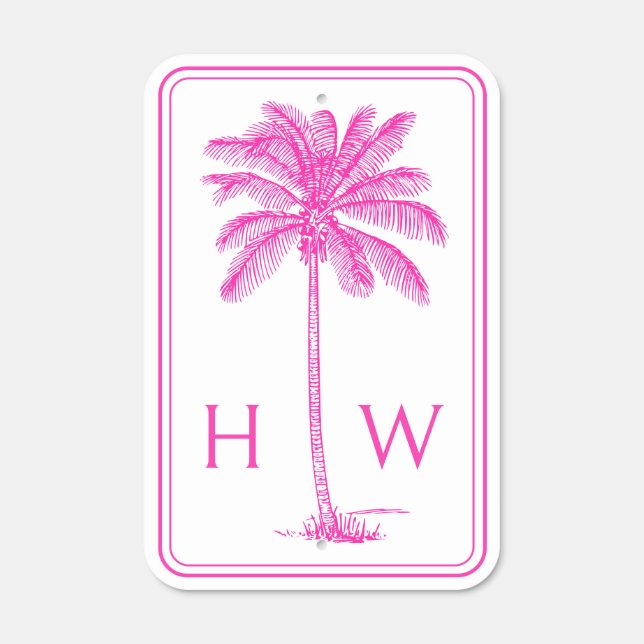 Pink and White Palm Palmetto Tree Monogram Metal Sign (Front)
