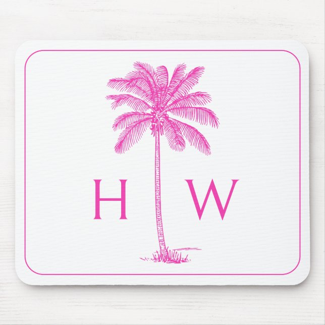 Pink and White Palm Palmetto Tree Monogram Mouse Pad (Front)