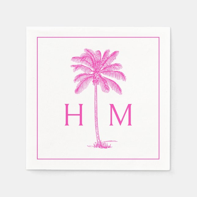Pink and White Palm Palmetto Tree Monogram Napkins (Front)