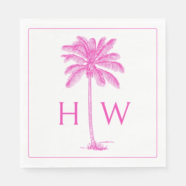 Pink and White Palm Palmetto Tree Monogram Napkins (Front)