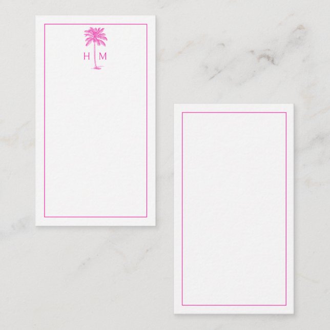 Pink and White Palm Palmetto Tree Monogram Note Card (Front/Back)