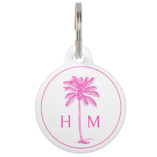 Pink and White Palm Palmetto Tree Monogram Pet ID Tag