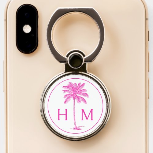 Pink and White Palm Palmetto Tree Monogram Phone Ring Stand