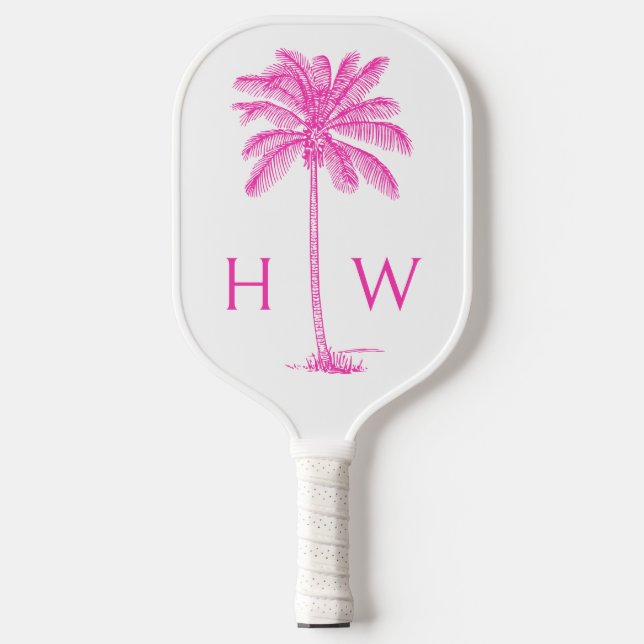 Pink and White Palm Palmetto Tree Monogram Pickleball Paddle (Front)