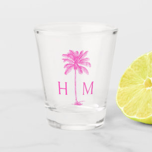Pink and White Palm Palmetto Tree Monogram Shot Glass
