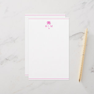 Pink and White Palm Palmetto Tree Monogram Stationery