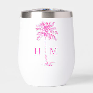 Pink and White Palm Palmetto Tree Monogram Thermal Wine Tumbler