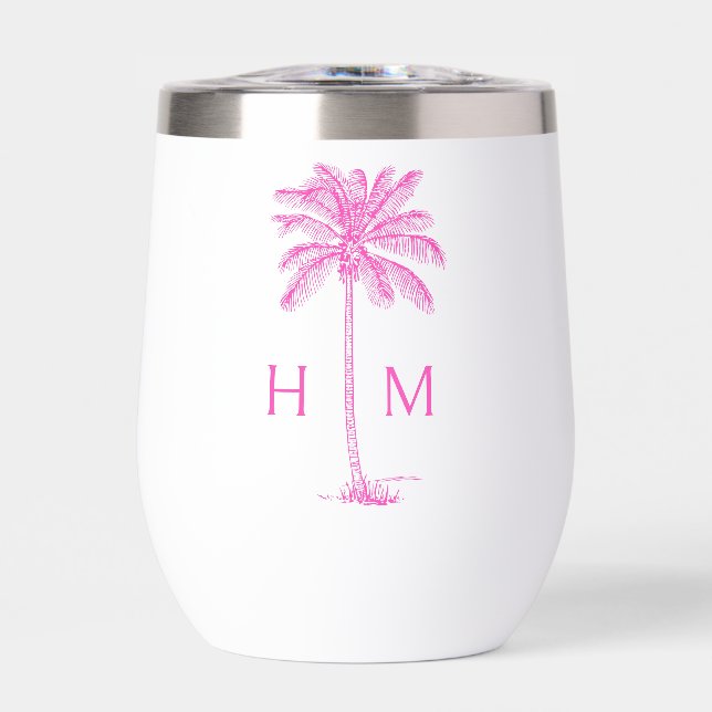Pink and White Palm Palmetto Tree Monogram Thermal Wine Tumbler (Front)